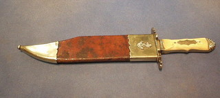 A handsome 19th Century Bowie knife with 10 1/2" blade by Henry Booth & Co of Sheffield with ivory handle and dolphin shaped hilt, marked Captain J N Forbes contained in a leather and silver mounted scabbard decorated an anchor and marked Marco Polo