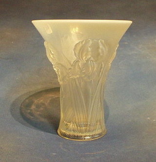 A Lalique style flared vase decorated stylised Iris' 9"