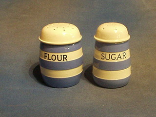 A T G Greener blue and white flour sifter and a ditto sugar sifter the base with green shield mark