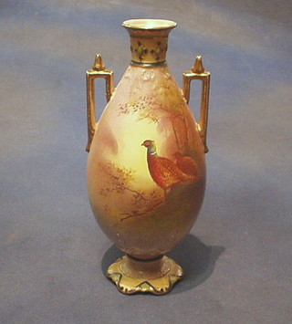 A Crown Devon Worcester style twin handled vase decorated pheasants (lip f and r) 11"