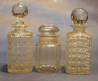 A glass pickle jar and 2 hob nail cut decanters