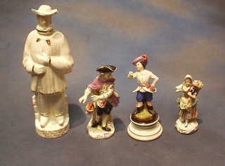 A white glazed porcelain decanter and stopper in the form of a mediaeval gentleman and 3 porcelain figures