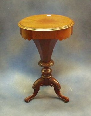 A  Victorian conical mahogany work table with hinged lid, raised on tripod supports 18"