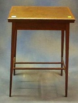 An Edwardian rectangular inlaid mahogany card table, raised on square tapering supports with H framed stretcher 20"