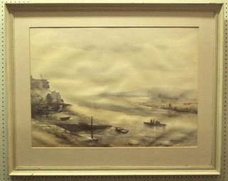 Beryl Critchley Salmonson, watercolour drawing on Archer's paper "Estuary Scene with Fishing Boats" 21" x 29"