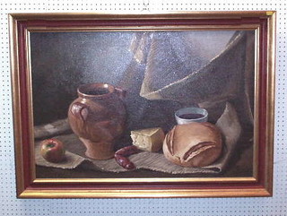 Soler, oil painting on canvas, still life, "Terracotta Pot, Sausage, Bread and Apple" 23" x 35"