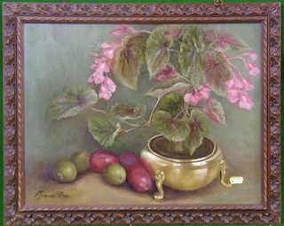 Maquiste Dogte, oil painting on board, still life "Pot Plant and Plums" 13" x 18" in a carved wooden frame