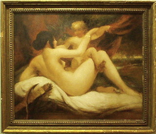 An oil painting on canvas "Reclining Lady with Cupid" monogrammed PSR, 19" x 24"