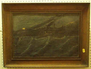 Fred Borall, 19th Century oil painting on canvas "Moonlit Study of a Steam Ship" 12" x 17" contained in an oak frame