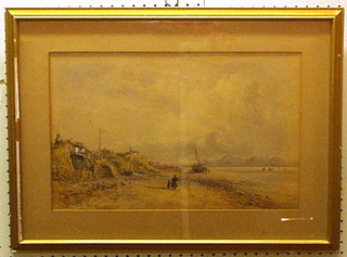 E Beattie, watercolour "Estuary at Low Tide with Fishing Boats and Figures Walking" signed and dated 1878, 11" x 17"