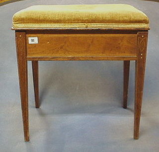 A Victorian inlaid rosewood piano stool with hinged lid on square tapering supports 19"