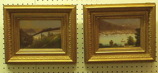 A pair of 19th Century Continental oil paintings on card "Bay and Mountain Railway" 5" x 6" monogrammed GH