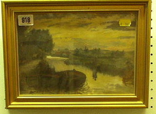 An oil painting on card "River Scene with Barge and Figures at Dusk" 7" x 9"