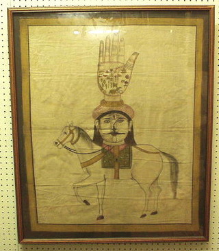 An Indian drawing on cloth "Palmistry Hand, Human Head and Horse" 26" x 21"