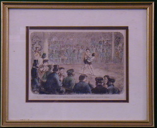 A 19th Century French coloured print "Wrestling" 5" x 8"