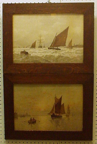 G F Watters, pair of 19th Century watercolour drawings "Fishing Boats Going to Sea and Returning to Harbour" 9"  x 13" in oak frames