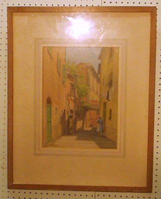 Dorothy Watts, watercolour "Continental Street Scene with FigureW 18" x 9", the reverse with Sussex Art Club Exhibition label