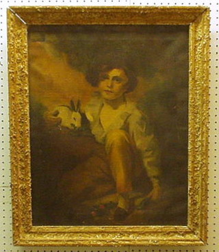 18th Century style oil painting on canvas "Boy with Rabbit" 21" x 17"