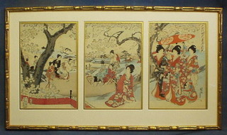 Chicanobu, 19th Century watercolour on rice paper "Cherry Blossing Viewing" in 3 sections contained in a bamboo effect frame 13" x 10", overall 35"