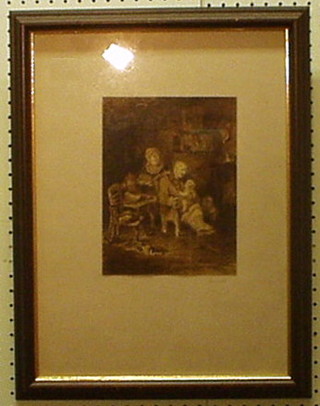 A signed 19th Century monochrome print "Kitcehn Interior with Gentleman and Child" 9" x 7"