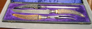 A 19th Century 3 piece carving set with stag horn handles