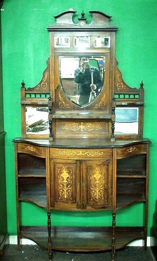 A Victorian inlaid rosewood serpentine fronted chiffonier with raised mirrored back, the base fitted a cupboard enclosed by a panelled door and flanked by a pair of niches, raised on turned supports 48"