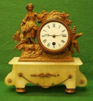 A French 19th Century 8 day mantel clock with drum movement contained in a gilt spelter case, raised on an alabaster base