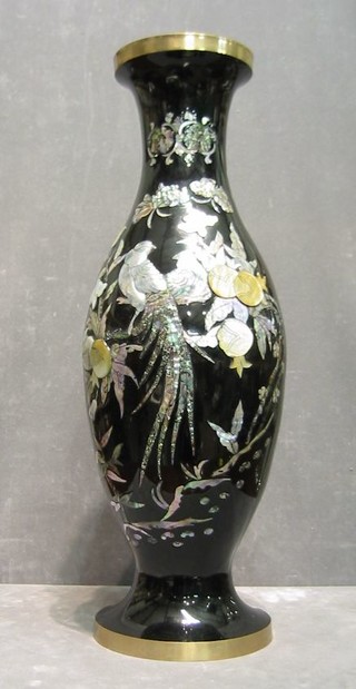 A large Korean black enamelled metal vase decorated mother of pearl 19"