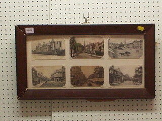 6 19th/20th Century coloured postcards of Horsham - Horsham Grammar School, East Street, West Street, Carfax and Causeway contained in a mahogany frame