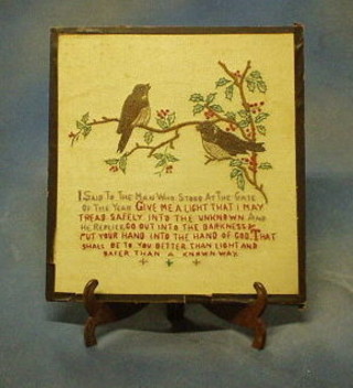 A 1940's woolwork sampler decorated 2 robins and with King George VI New Year's address 13" x 12" and 1 other a sewn a poem about Trees 7" x 8"