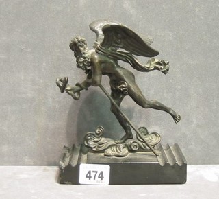 A 19th Century bronze figure of a winged mythical god with serpent 6", raised on a marble base