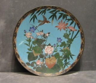 A pair of 19th Century blue ground cloisonne chargers decorated birds amidst flowering branches 12" and a pink ground vase 5"