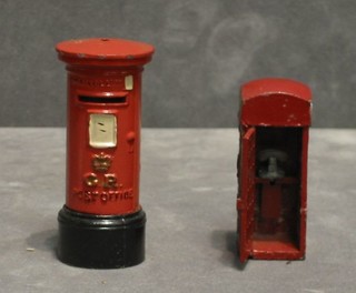 A George V metal pillar box 2" and a red phone box 2" complete with telephone