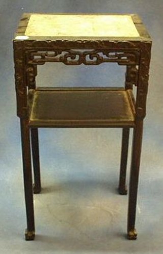 A  19th Century Eastern ebonised 2 tier jardiniere stand inset a pink veined marble top 17"
