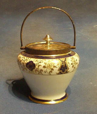A Noritake blue and gilt banded porcelain biscuit barrel with silver plated mounts 5"