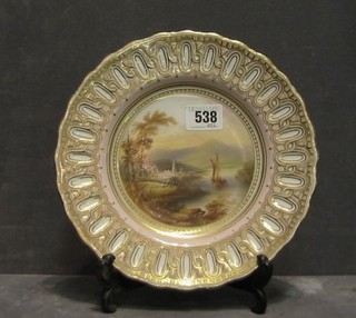 A Coalport porcelain plate decorated mountain landscape with river and church 9"