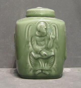 A "Royal Copenhagen" square celadon ground ginger jar and cover by Jais decorated Monks 7"