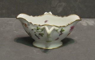 A 19th Century Continental porcelain twin handled sauce boat decorated insects amidst flowers, the base impressed I27S 6"