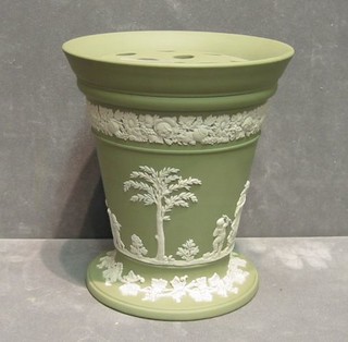 A green Wedgwood jasperware trumpet shaped vase, base impressed Wedgwood 80, 7"