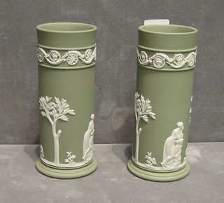 A pair of green Wedgwood jasperware vases, base impressed 73, 7"