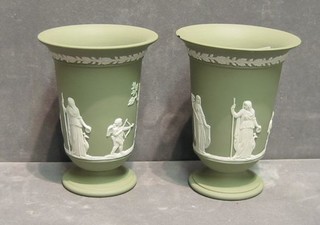 A pair of green Wedgwood jasperware trumpet shaped vases, bases impressed 70 (1 chipped) 6"