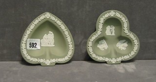 A green Wedgwood jasperware ashtray, a clover shaped ashtray, a small jar and cover, vase and a lighter (5)