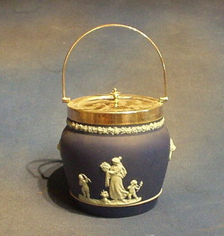 A Wedgwood blue jasperware biscuit barrel, impressed Wedgwood Made in England, with plated mounts