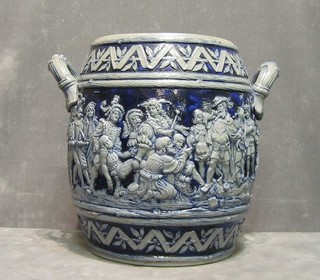 A German salt glazed twin handled vase decorated a feasting scene, the base impressed 375A 10"