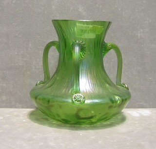 An Art Glass green handled vase 7" and a floral encrusted basket 6"