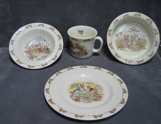 A circular Royal Doulton Bunnykins plate, 2 bowls and a cup