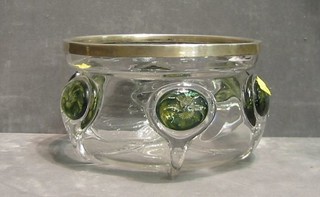 A decorative circular Art Glass bowl with silver rim,  3 manicure implements with silver handles and 6 Oxo spoons