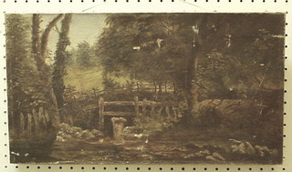 A 19th Century oil painting on canvas "Wooded Country Scene with River and Stile" 10" x 18"