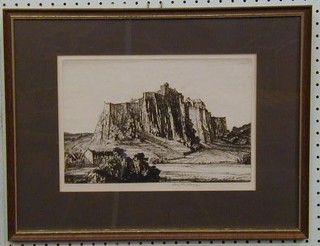 Henry  Rushbury, a dry point etching "Scottish Country House on a Rocky Outcrop" 8" x 12" signed in the margin, the reverse bearing Sir Valentine Crittal's card