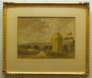 C H Larkin, watercolour "Downland Scene with Hay Stack" signed, 11" x 14"